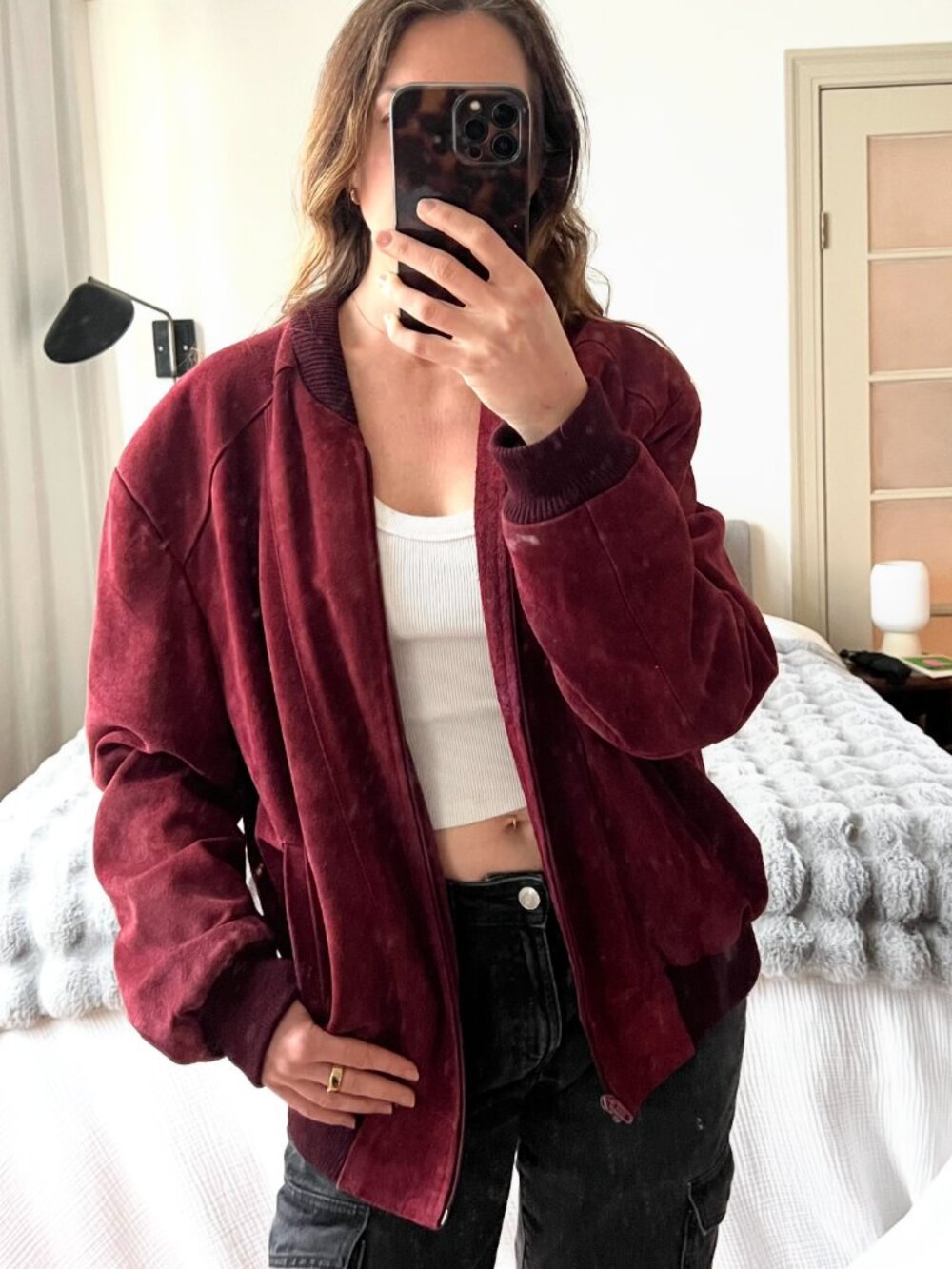 Vintage Maroon Suede Bomber Jacket